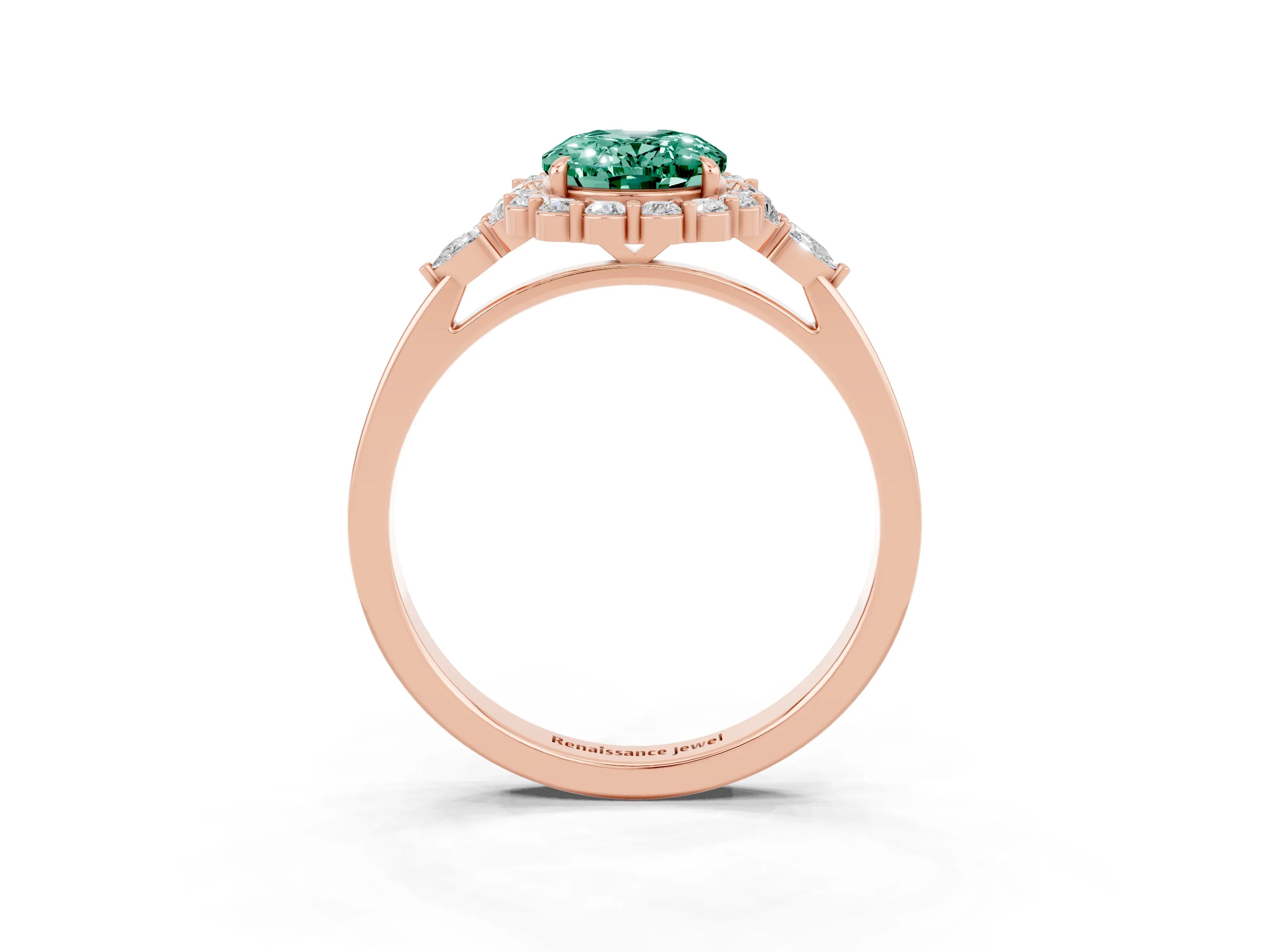 Rose gold Oval Cut Green Sapphire Halo Ring with Pear Side Stones and Prong Setting_15