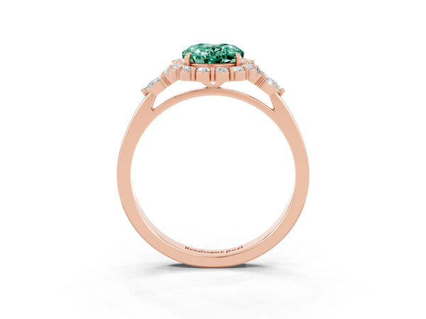 Rose gold Oval Cut Green Sapphire Halo Ring with Pear Side Stones and Prong Setting