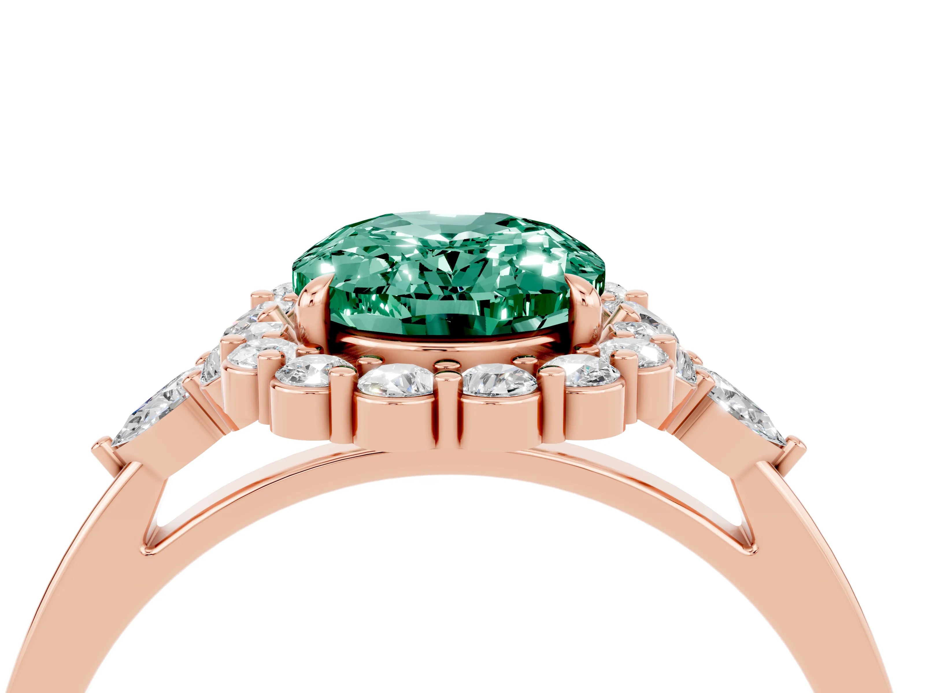 Rose gold Oval Cut Green Sapphire Halo Ring with Pear Side Stones and Prong Setting_16