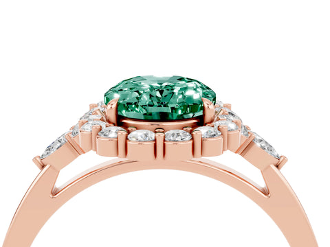 Rose gold Oval Cut Green Sapphire Halo Ring with Pear Side Stones and Prong Setting_16