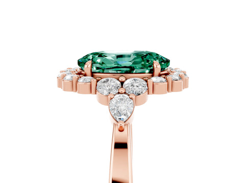 Rose gold Oval Cut Green Sapphire Halo Ring with Pear Side Stones and Prong Setting_17