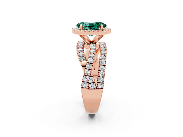 Rose gold Oval Cut Green Sapphire Halo Ring with Round Split Shank and Prong Setting