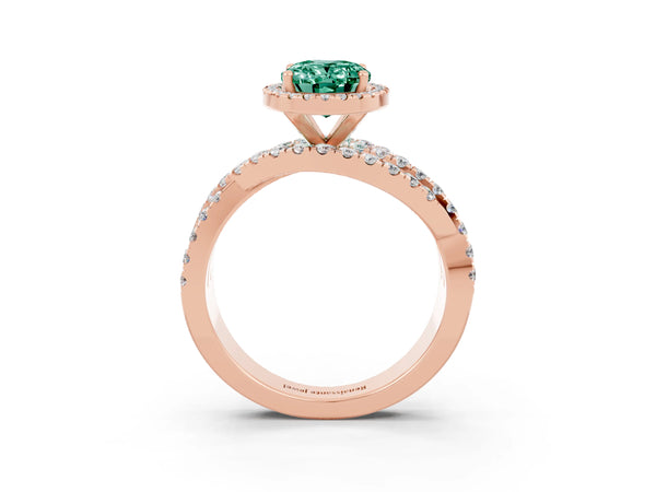 Rose gold Oval Cut Green Sapphire Halo Ring with Round Split Shank and Prong Setting