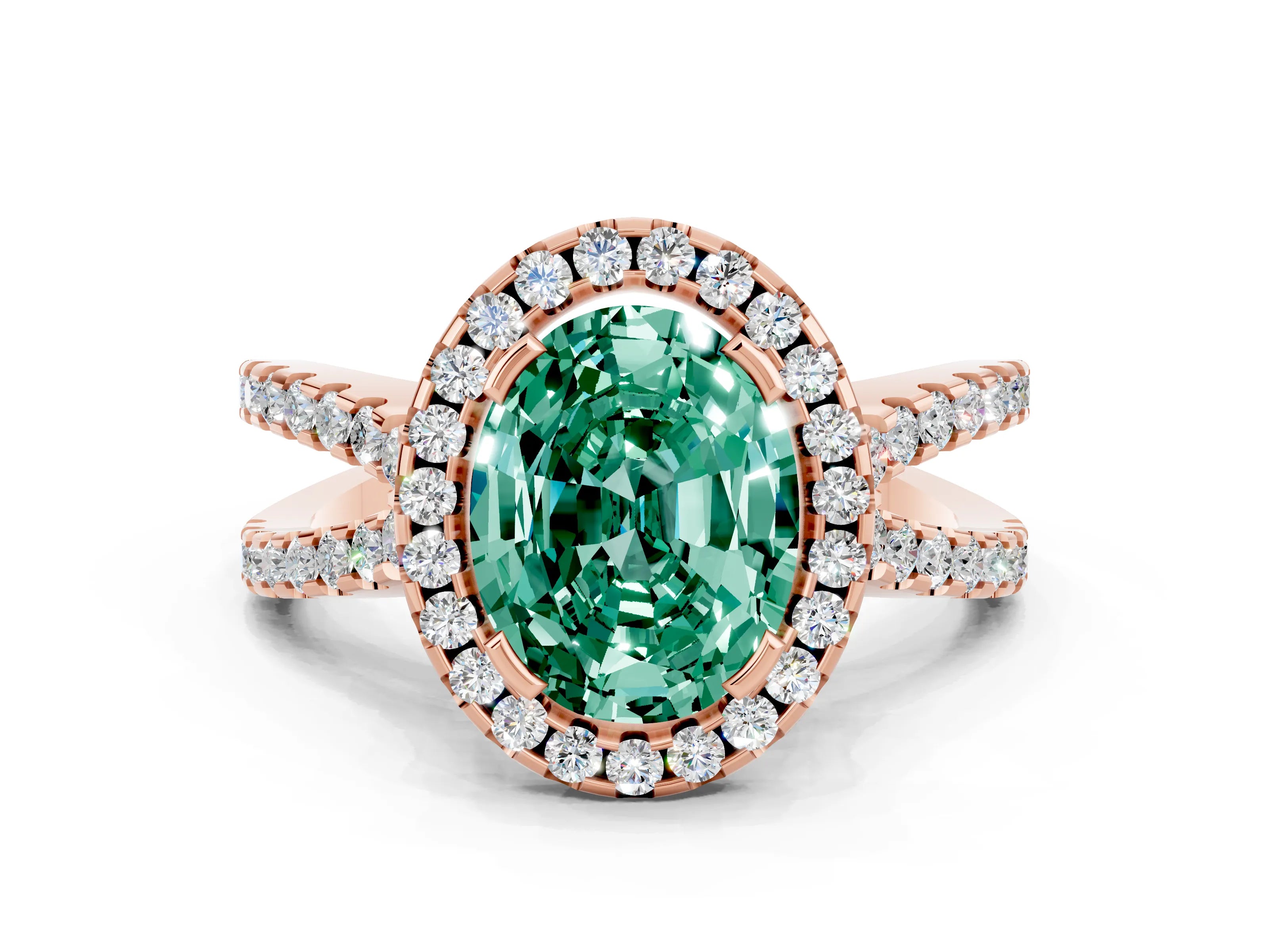 Rose gold Oval Cut Green Sapphire Halo Ring with Split Shank Pavé Band and Prong Setting