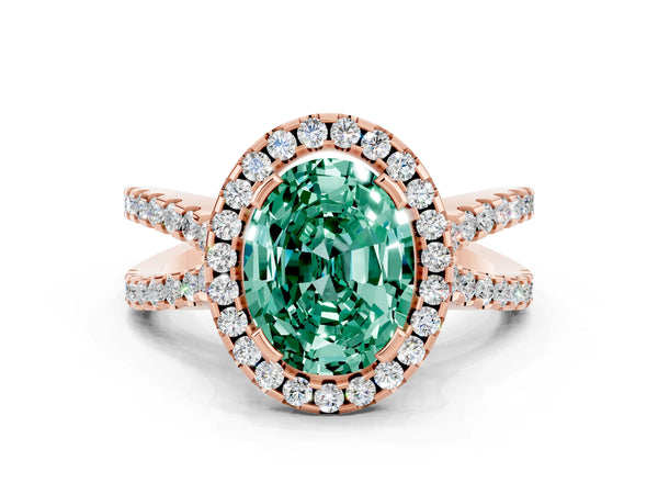 Rose gold Oval Cut Green Sapphire Halo Ring with Split Shank Pavé Band and Prong Setting