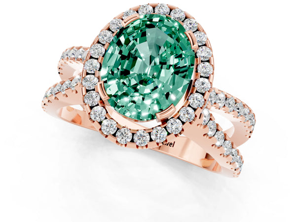Rose gold Oval Cut Green Sapphire Halo Ring with Split Shank Pavé Band and Prong Setting