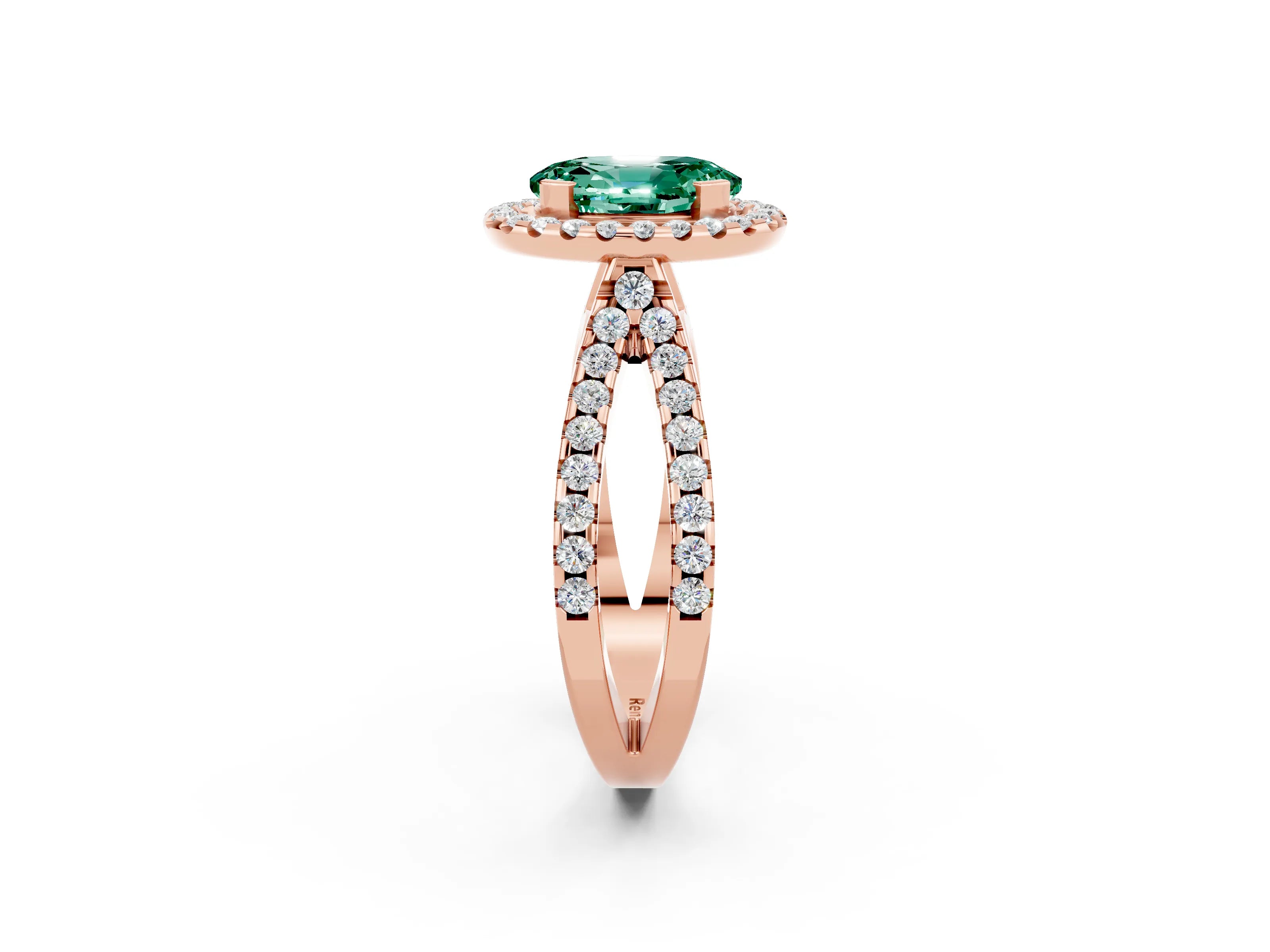 Rose gold Oval Cut Green Sapphire Halo Ring with Split Shank Pavé Band and Prong Setting_2