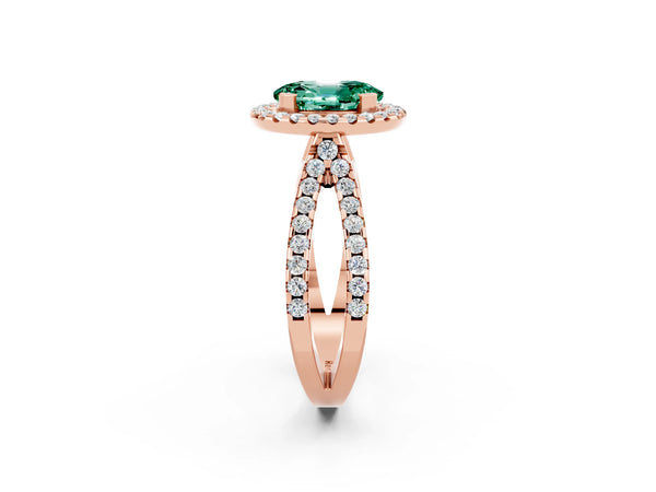 Rose gold Oval Cut Green Sapphire Halo Ring with Split Shank Pavé Band and Prong Setting