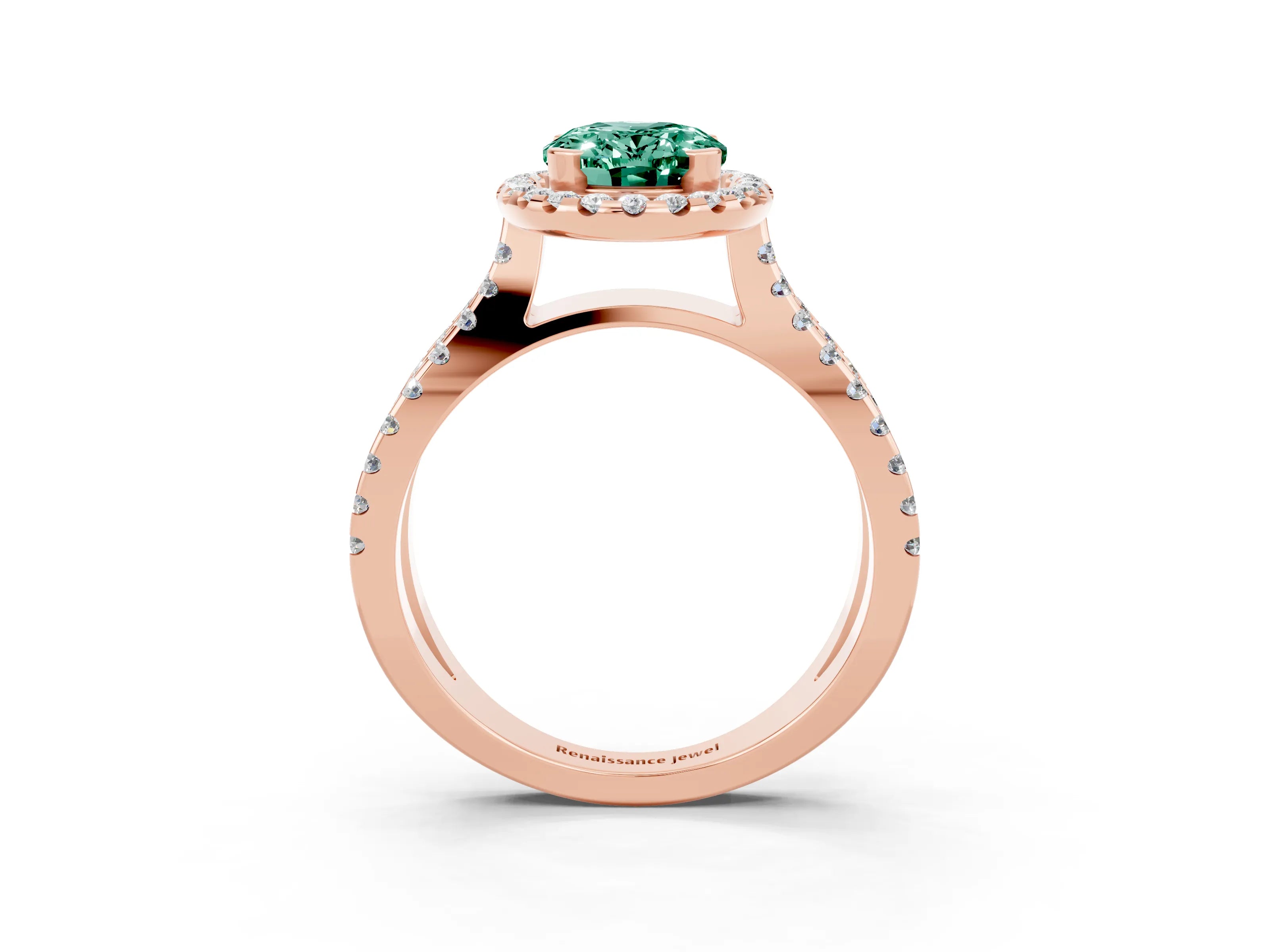 Rose gold Oval Cut Green Sapphire Halo Ring with Split Shank Pavé Band and Prong Setting_3