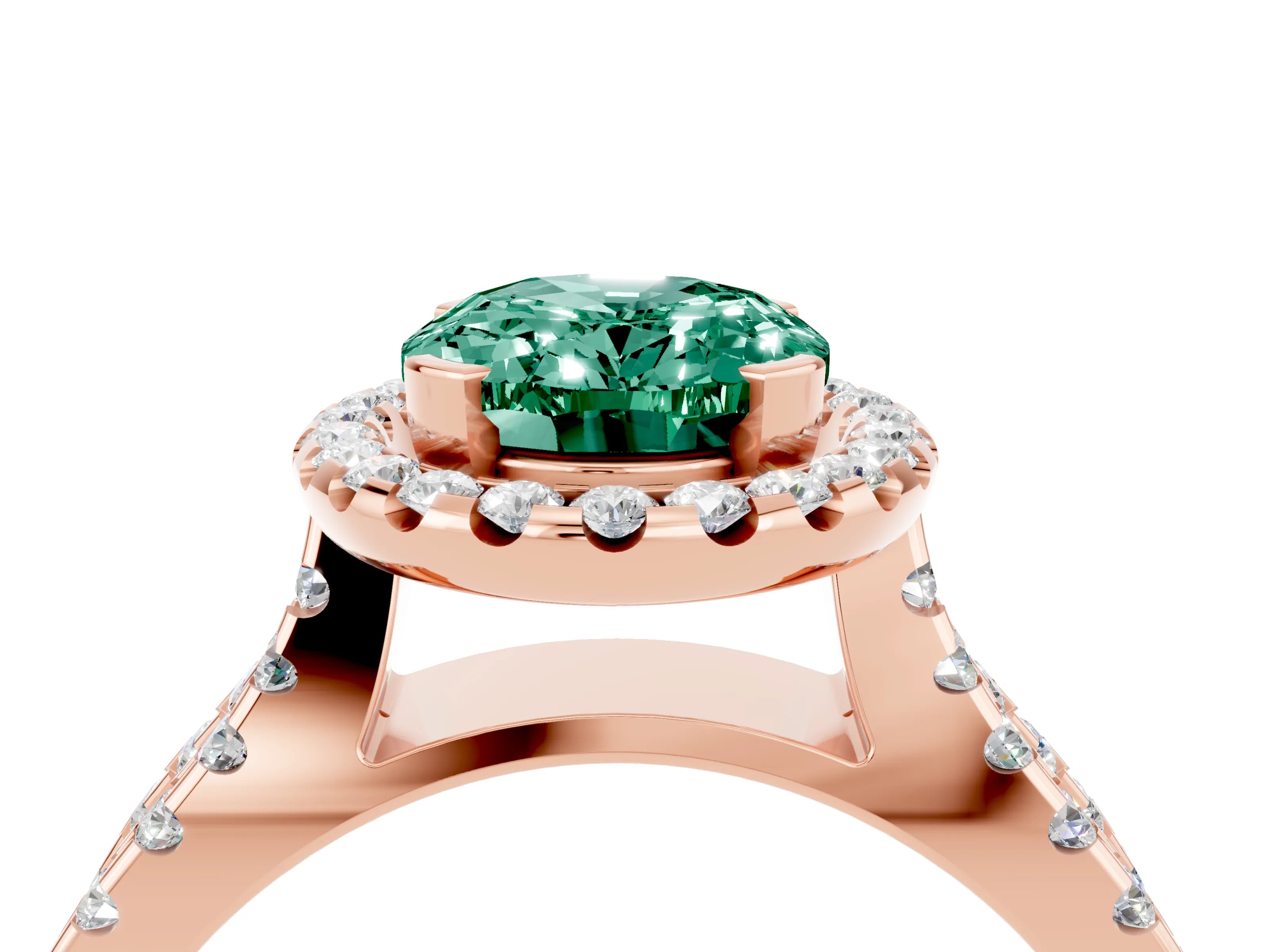 Rose gold Oval Cut Green Sapphire Halo Ring with Split Shank Pavé Band and Prong Setting_4