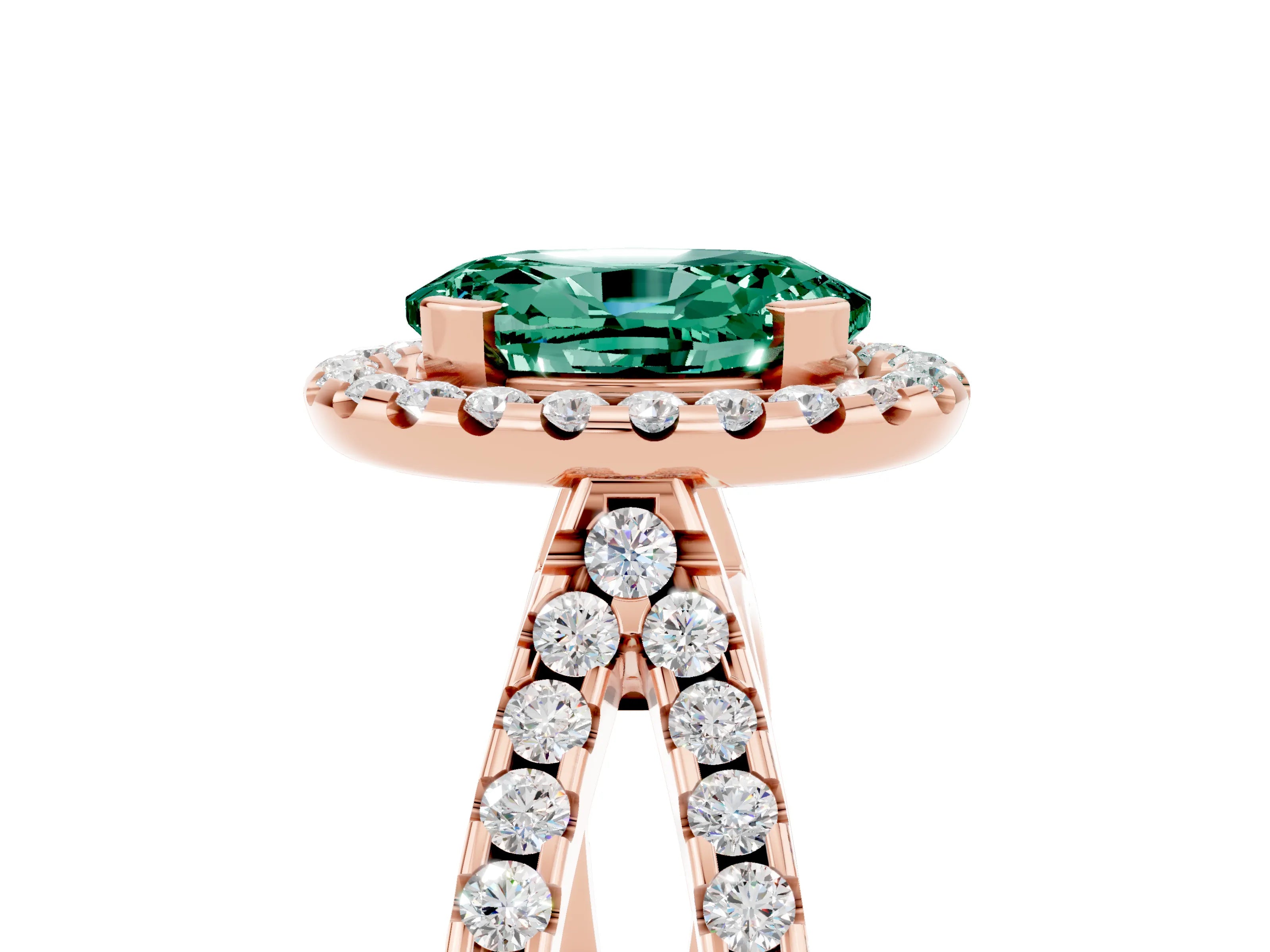 Rose gold Oval Cut Green Sapphire Halo Ring with Split Shank Pavé Band and Prong Setting_5