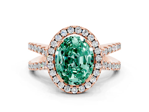 Rose gold Oval Cut Green Sapphire Halo Ring with Split Shank Pavé Band and Prong Setting