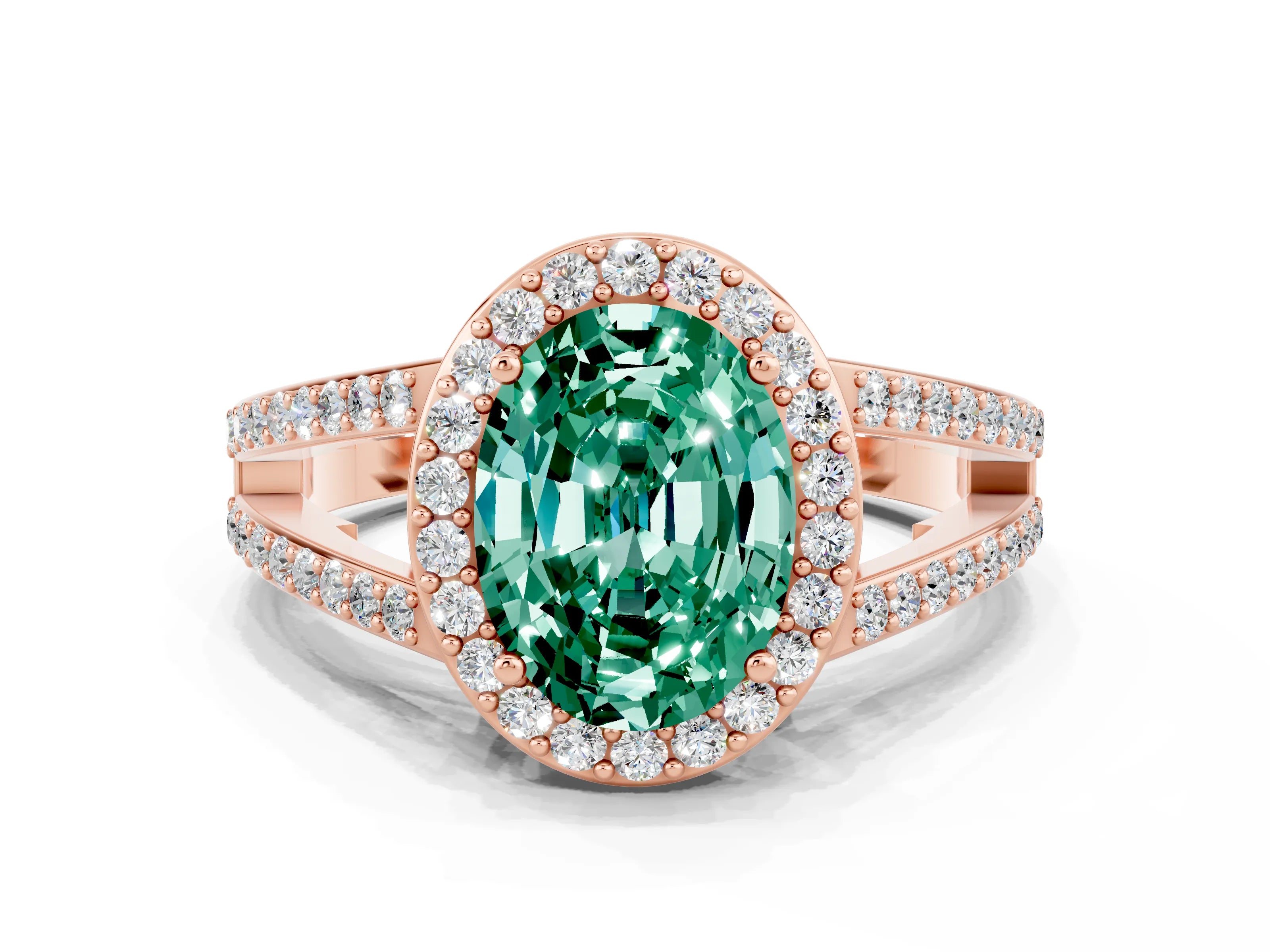 Rose gold Oval Cut Green Sapphire Halo Ring with Split Shank U-Prong Band and Four-Prong Setting