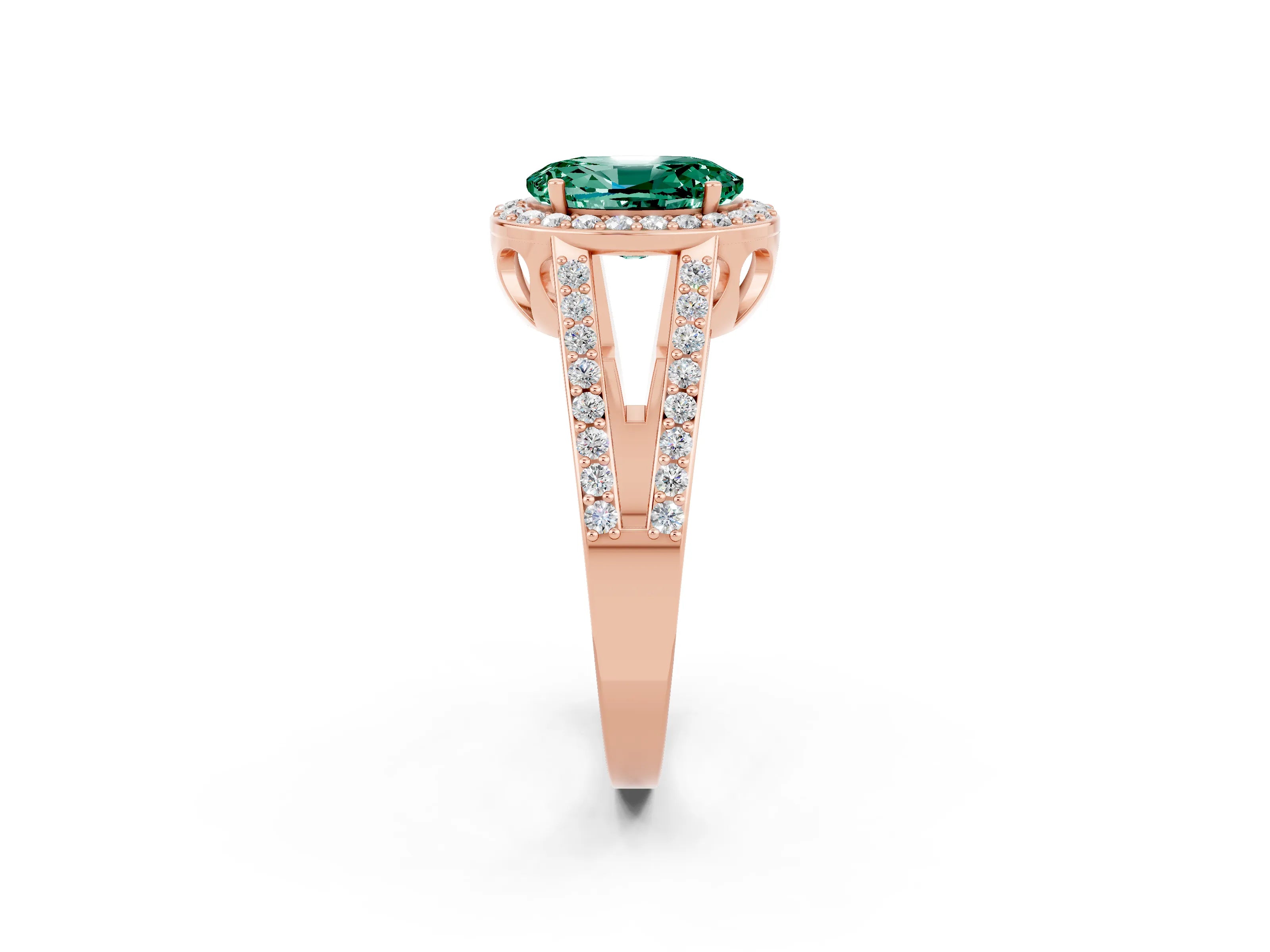 Rose gold Oval Cut Green Sapphire Halo Ring with Split Shank U-Prong Band and Four-Prong Setting_2