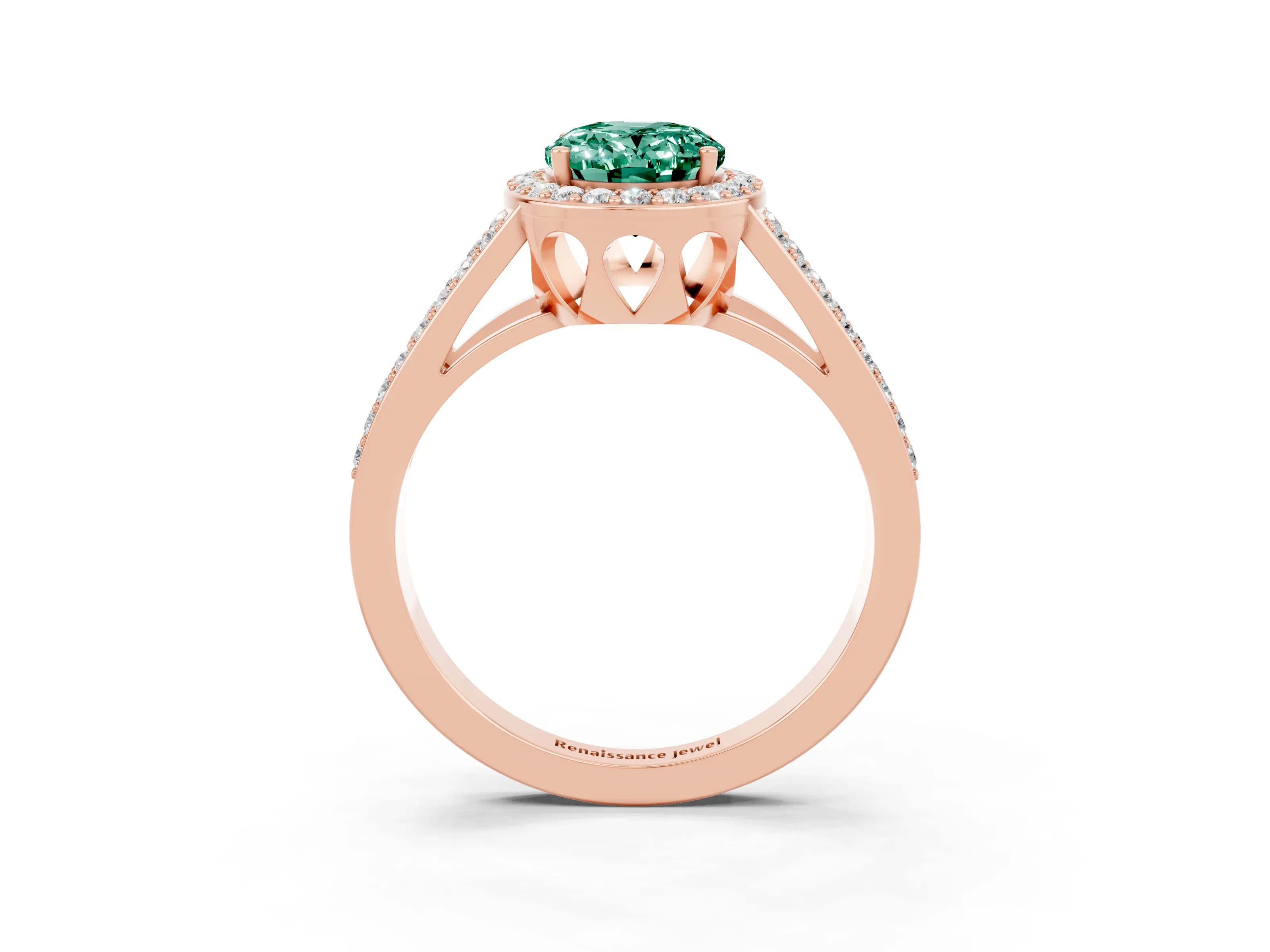 Rose gold Oval Cut Green Sapphire Halo Ring with Split Shank U-Prong Band and Four-Prong Setting_3