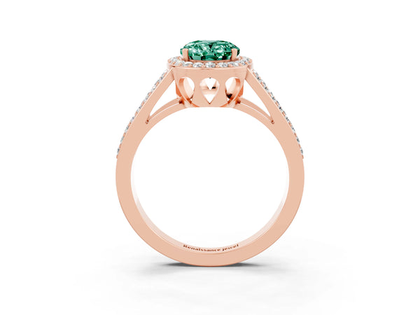 Rose gold Oval Cut Green Sapphire Halo Ring with Split Shank U-Prong Band and Four-Prong Setting