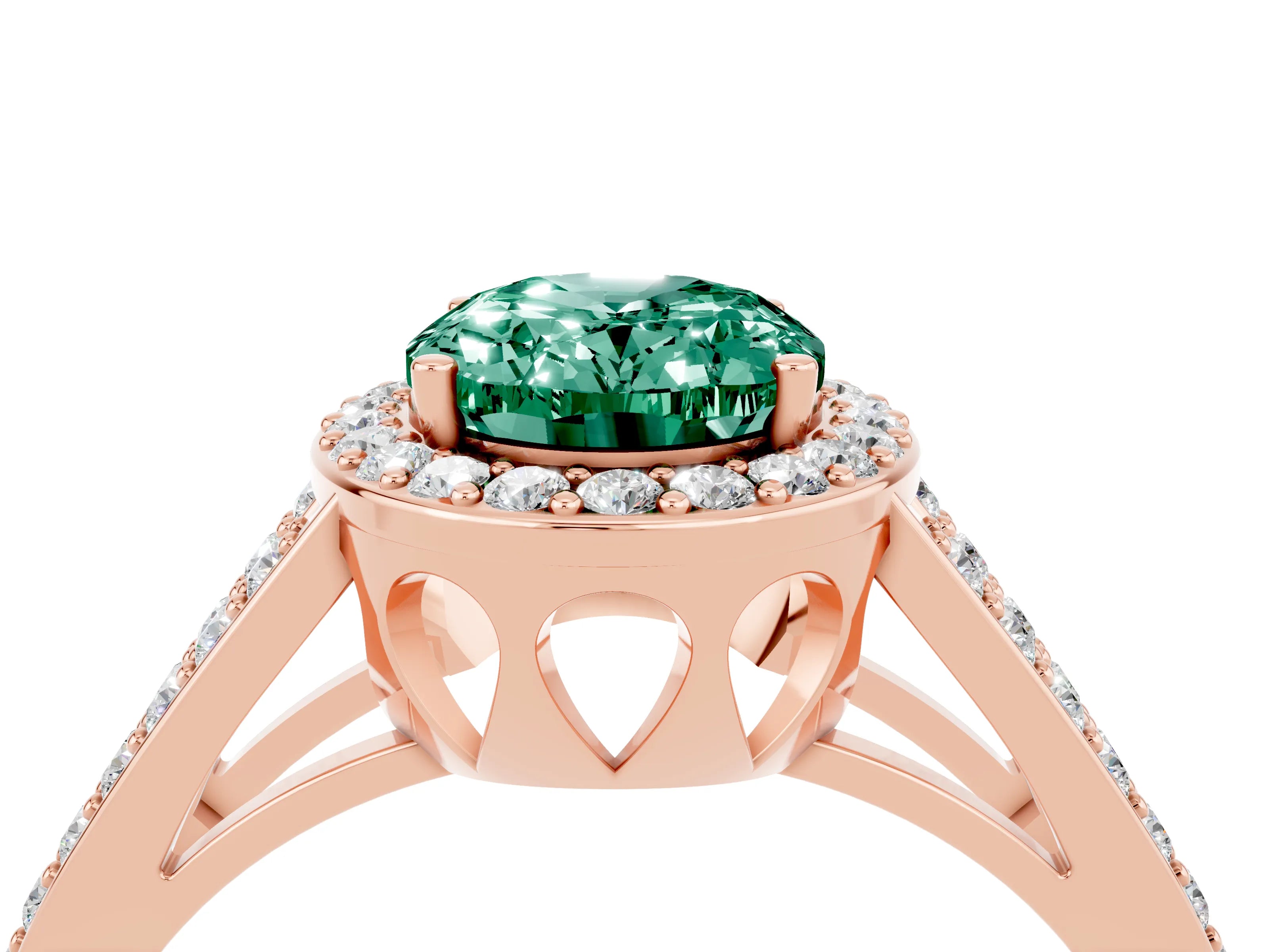 Rose gold Oval Cut Green Sapphire Halo Ring with Split Shank U-Prong Band and Four-Prong Setting_4