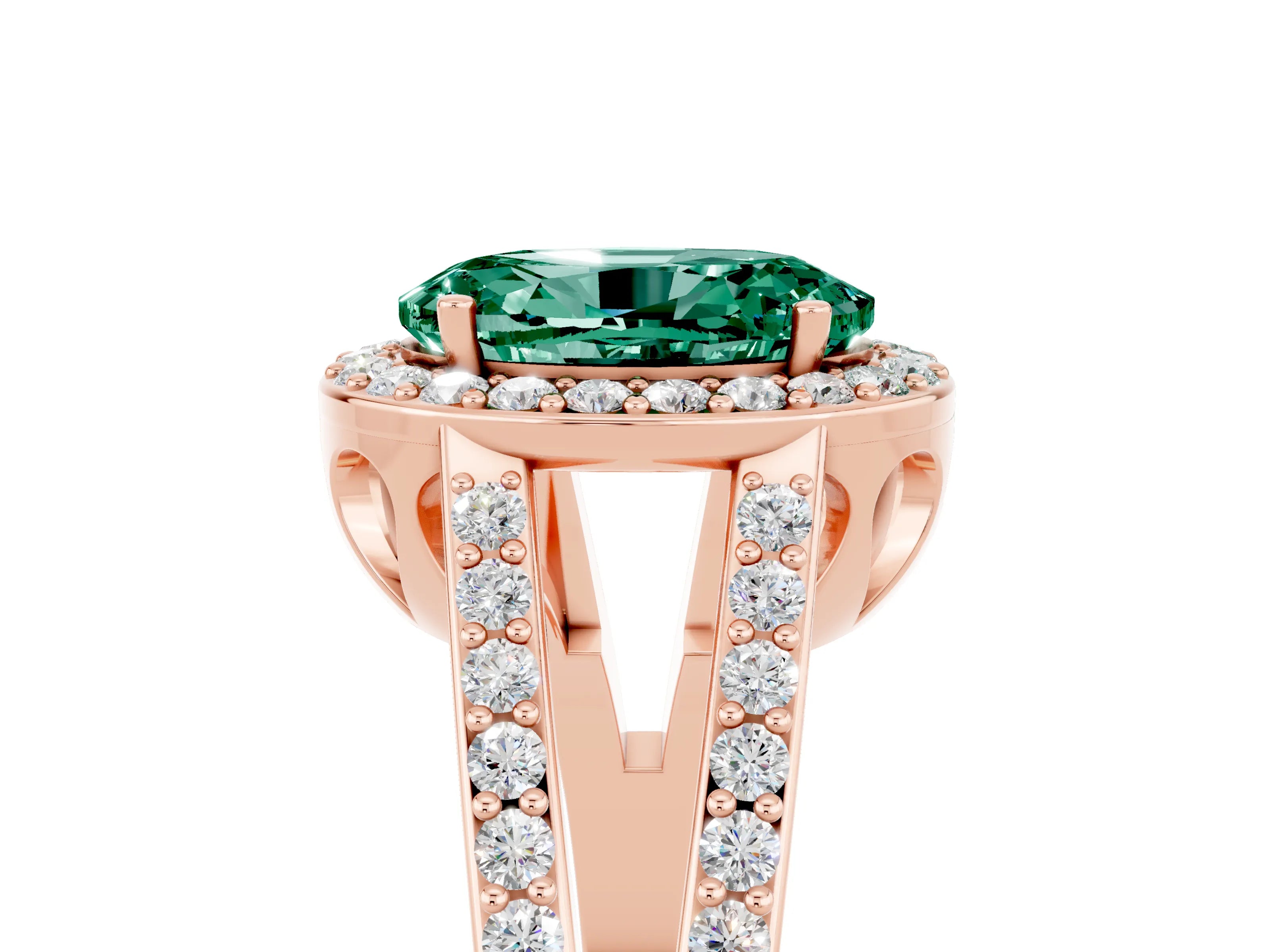 Rose gold Oval Cut Green Sapphire Halo Ring with Split Shank U-Prong Band and Four-Prong Setting_5
