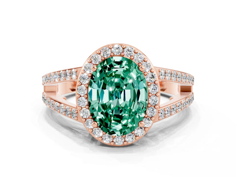 Rose gold Oval Cut Green Sapphire Halo Ring with Split Shank U-Prong Band and Four-Prong Setting