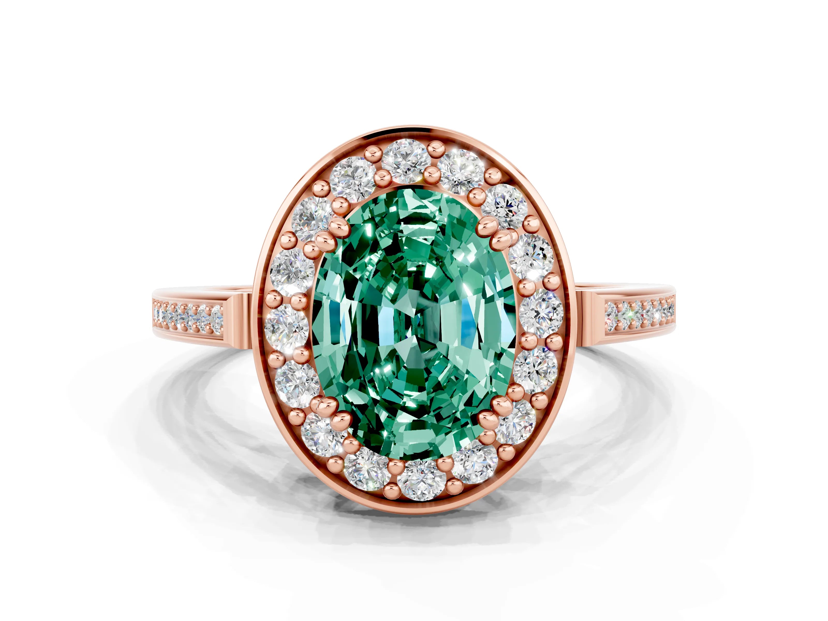 Rose gold Oval Cut Green Sapphire Halo Ring with Split Shank and Four-Prong Setting
