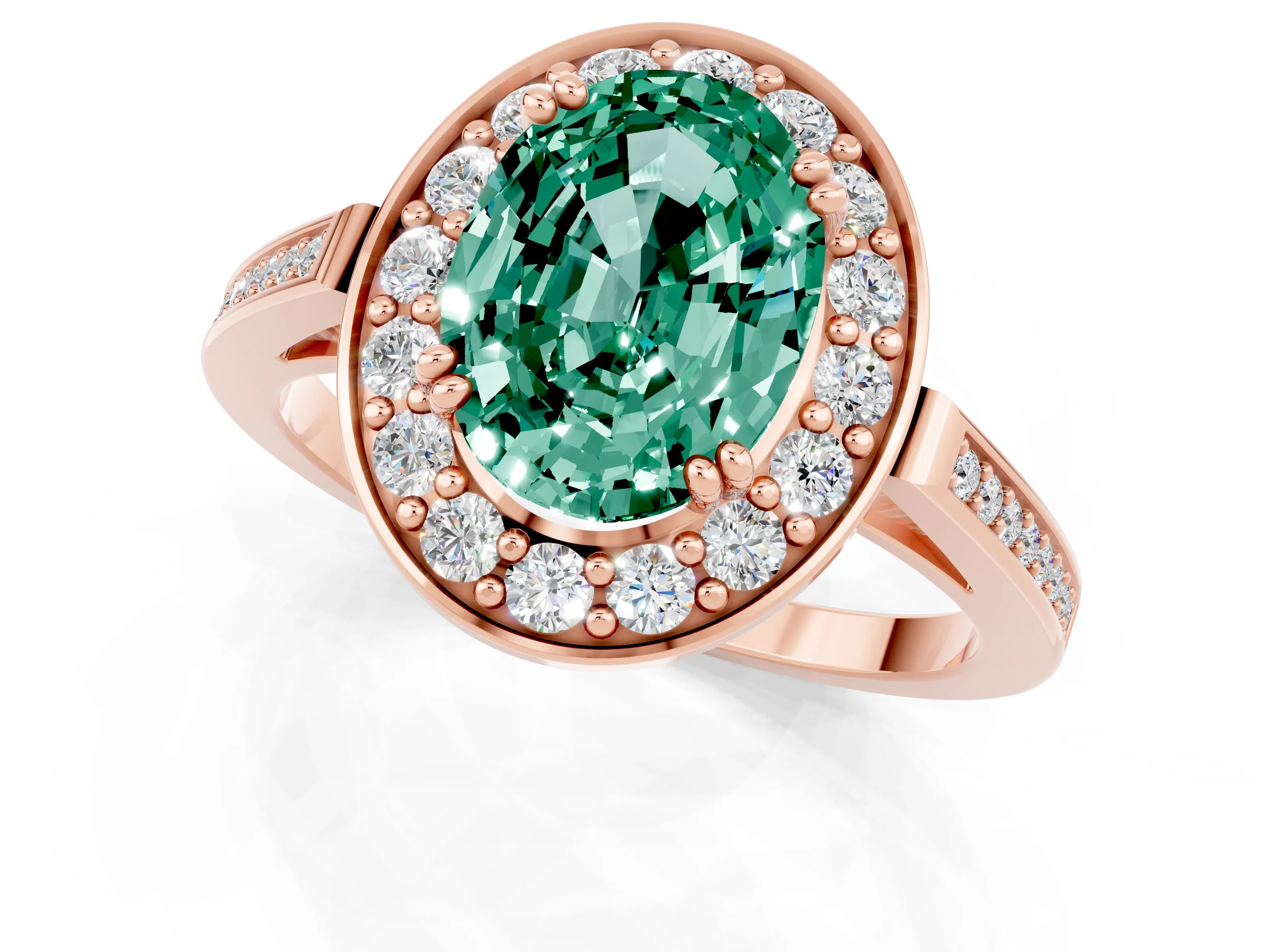 Rose gold Oval Cut Green Sapphire Halo Ring with Split Shank and Four-Prong Setting_1