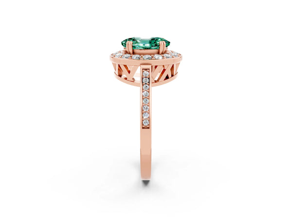 Rose gold Oval Cut Green Sapphire Halo Ring with Split Shank and Four-Prong Setting