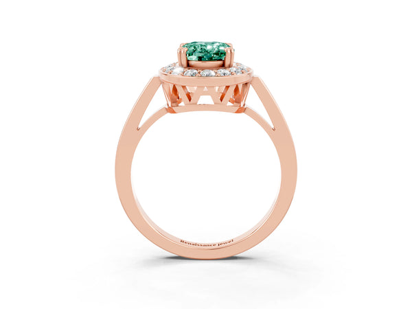 Rose gold Oval Cut Green Sapphire Halo Ring with Split Shank and Four-Prong Setting
