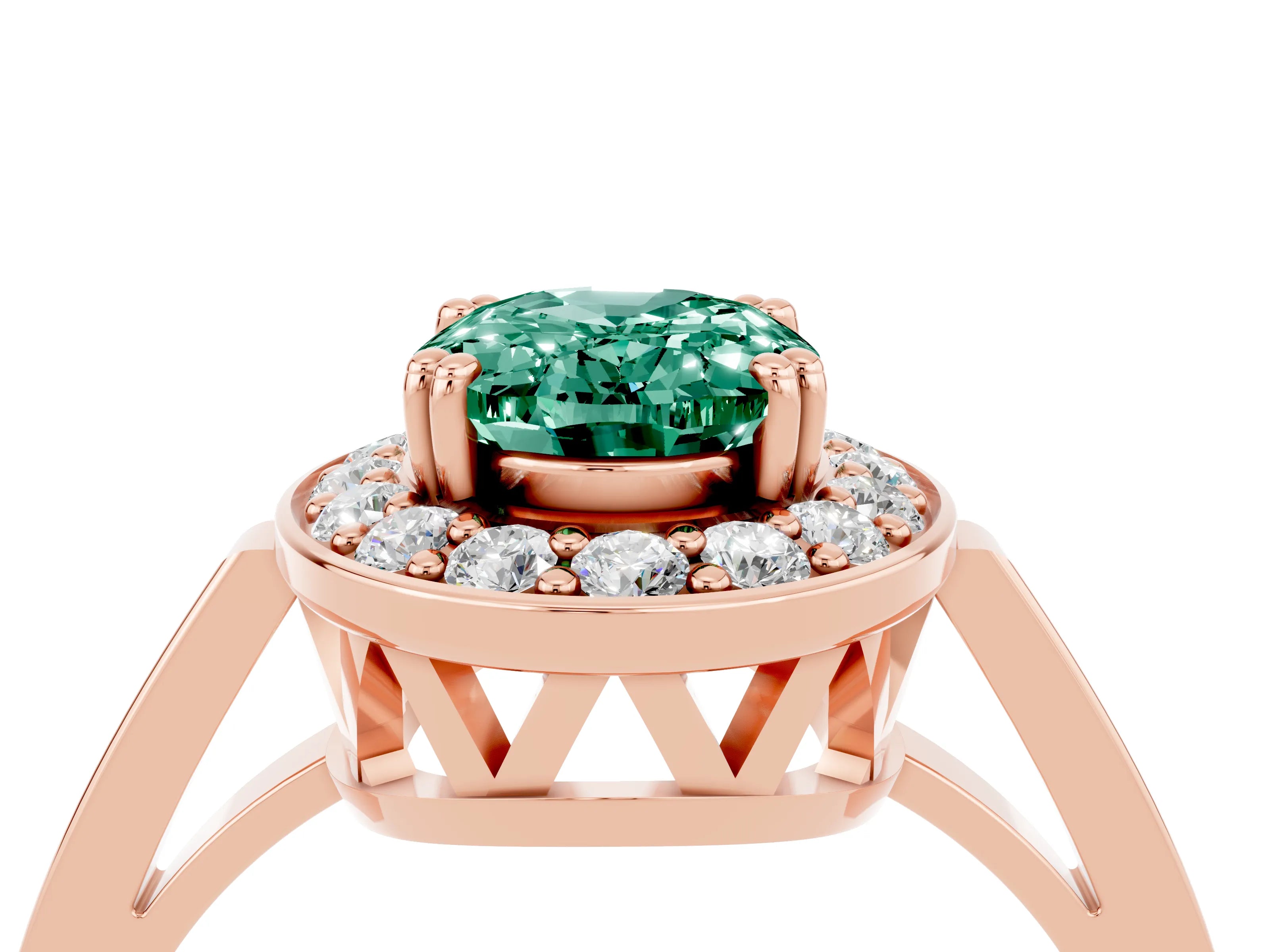 Rose gold Oval Cut Green Sapphire Halo Ring with Split Shank and Four-Prong Setting_4