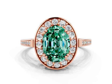 Rose gold Oval Cut Green Sapphire Halo Ring with Split Shank and Four-Prong Setting
