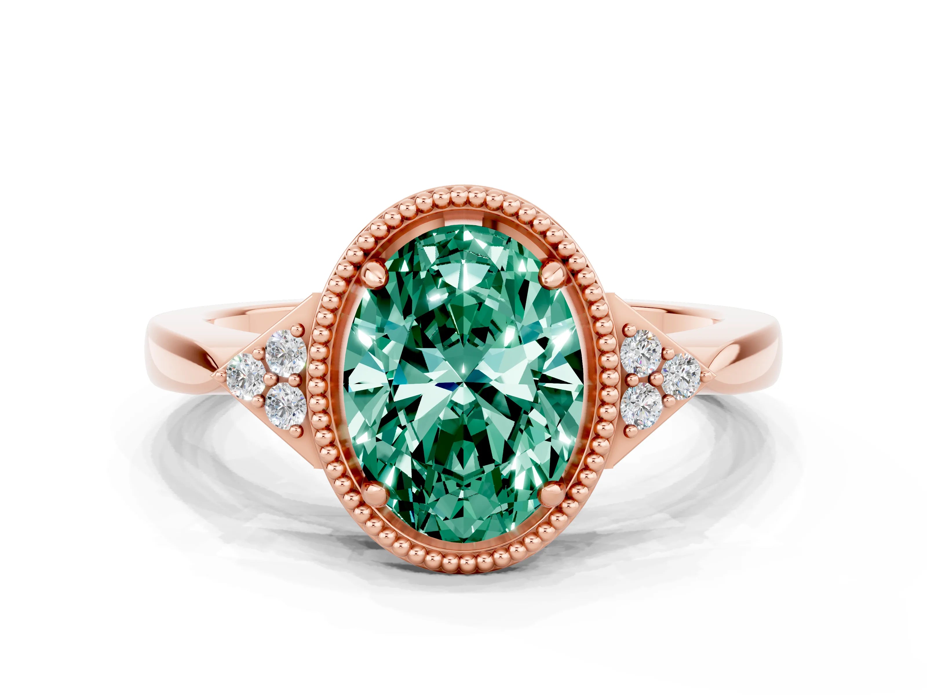 Rose gold Oval Cut Green Sapphire Halo Ring with Tapered Band and Four-Prong Setting