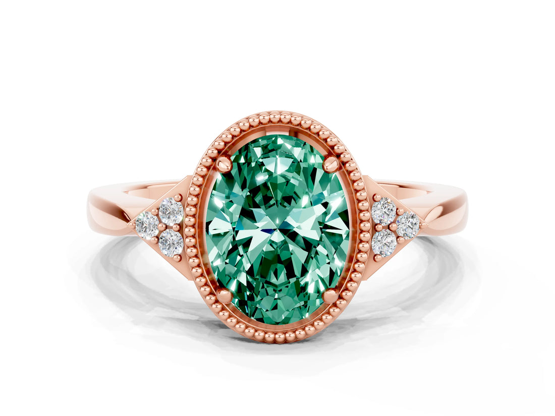 Rose gold Oval Cut Green Sapphire Halo Ring with Tapered Band and Four-Prong Setting