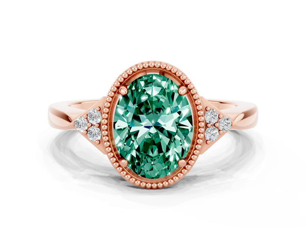 Rose gold Oval Cut Green Sapphire Halo Ring with Tapered Band and Four-Prong Setting