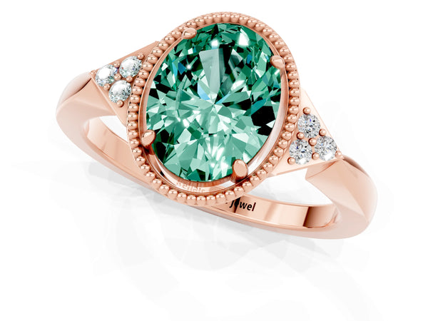 Rose gold Oval Cut Green Sapphire Halo Ring with Tapered Band and Four-Prong Setting