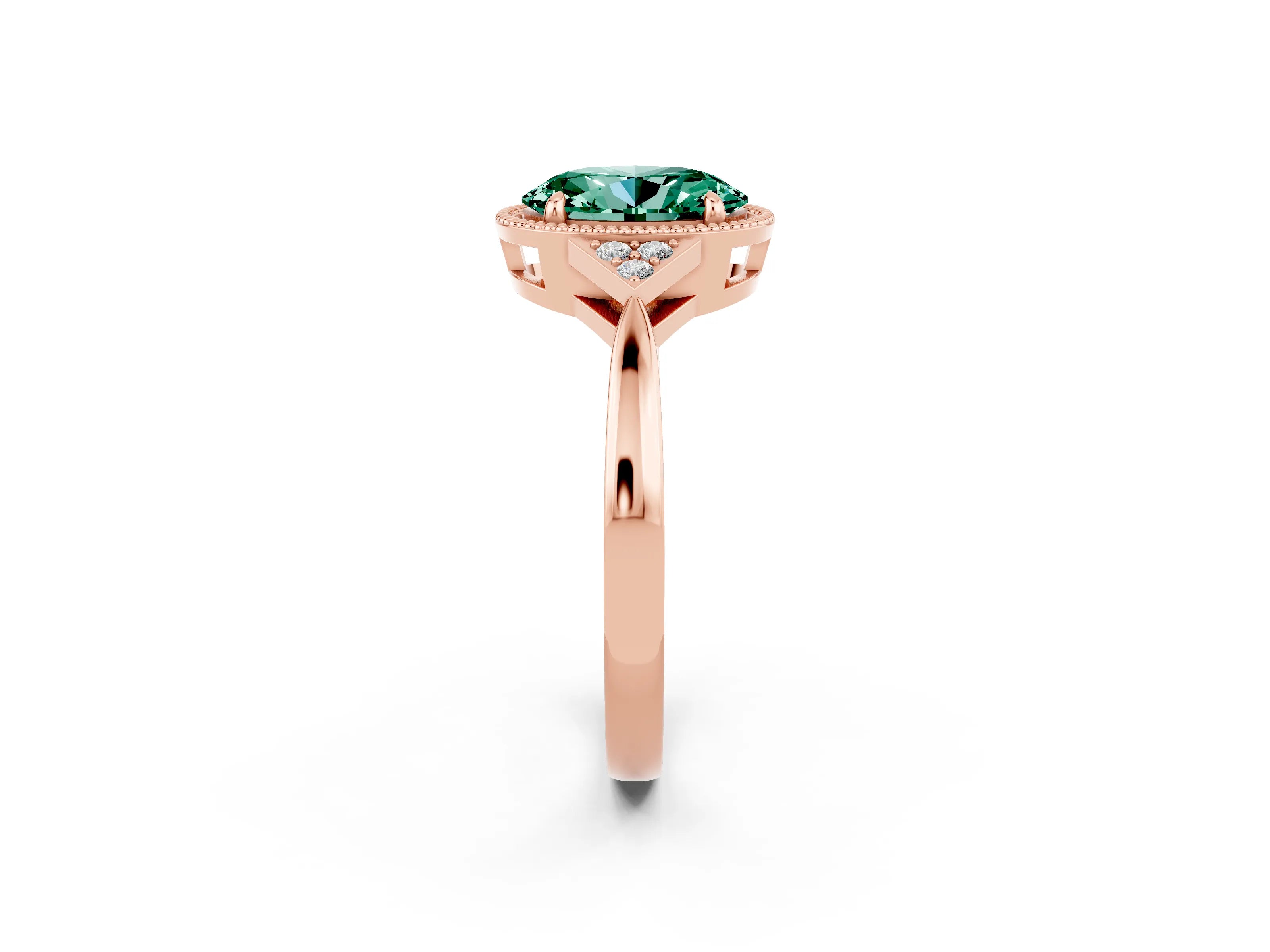 Rose gold Oval Cut Green Sapphire Halo Ring with Tapered Band and Four-Prong Setting_2