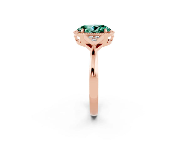 Rose gold Oval Cut Green Sapphire Halo Ring with Tapered Band and Four-Prong Setting