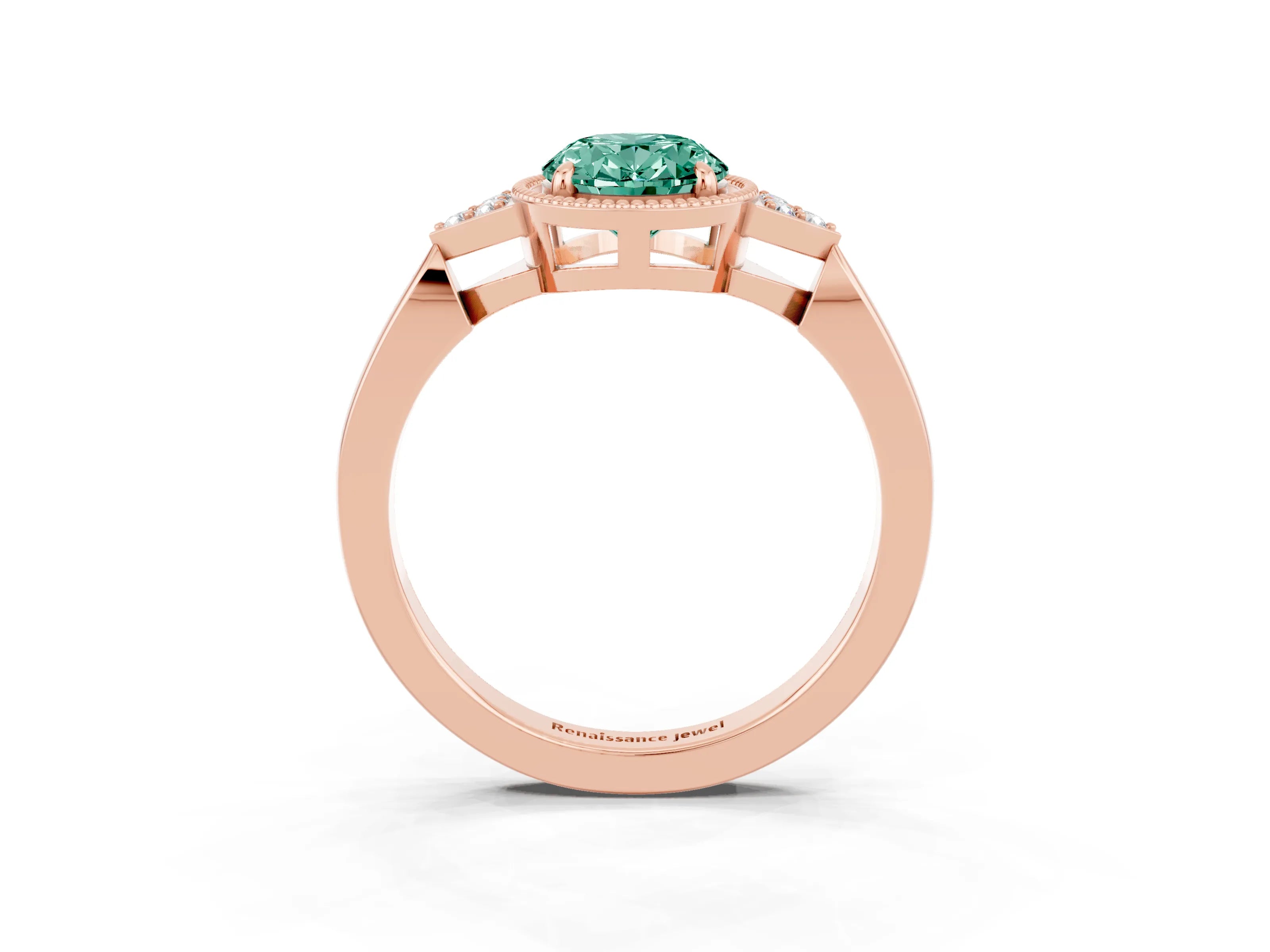 Rose gold Oval Cut Green Sapphire Halo Ring with Tapered Band and Four-Prong Setting_3