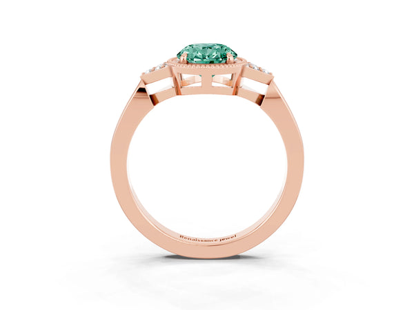 Rose gold Oval Cut Green Sapphire Halo Ring with Tapered Band and Four-Prong Setting