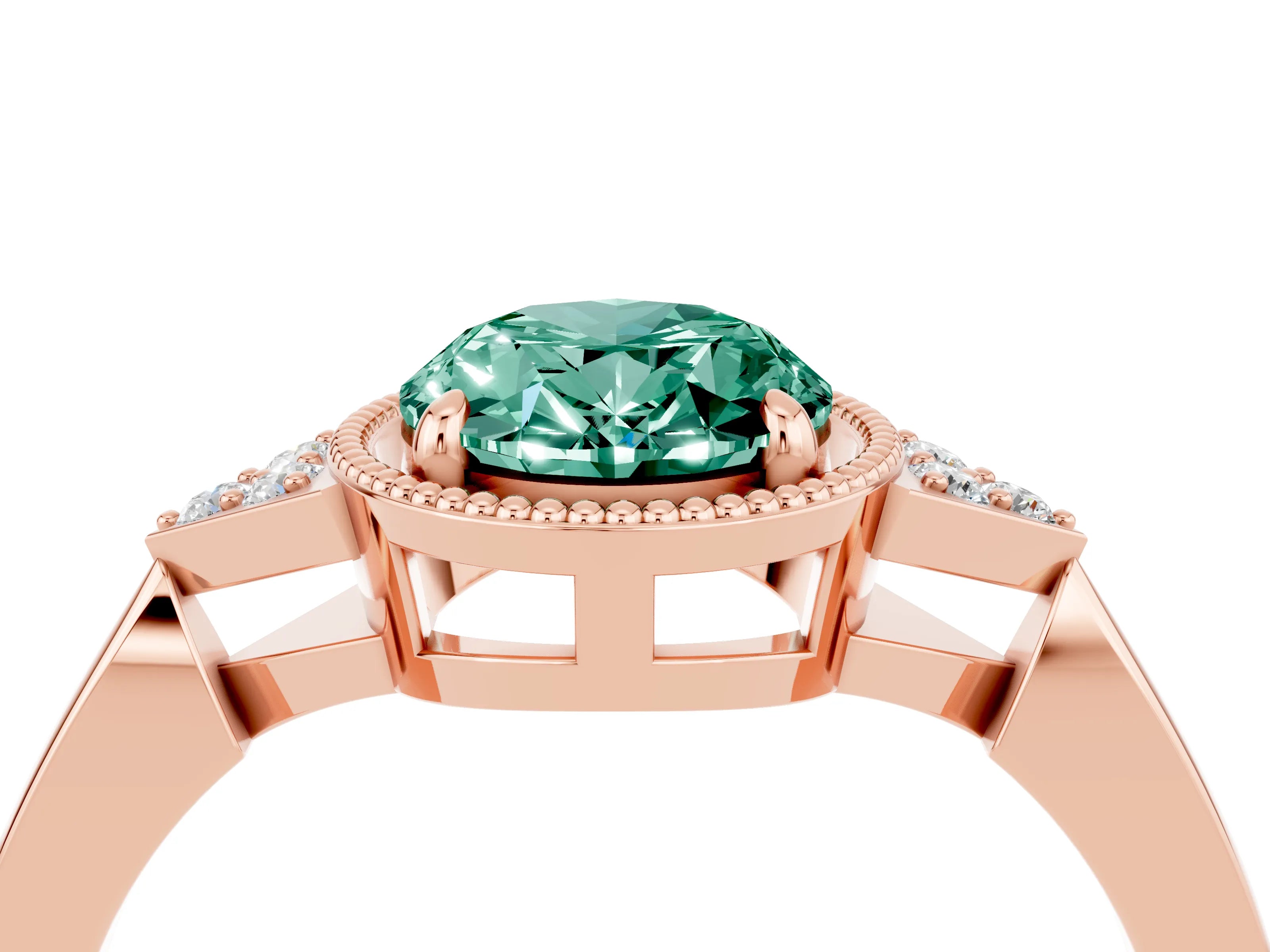 Rose gold Oval Cut Green Sapphire Halo Ring with Tapered Band and Four-Prong Setting_4
