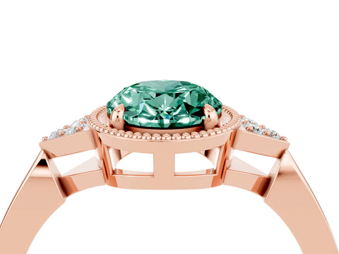 Rose gold Oval Cut Green Sapphire Halo Ring with Tapered Band and Four-Prong Setting_4