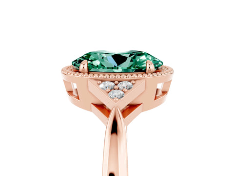 Rose gold Oval Cut Green Sapphire Halo Ring with Tapered Band and Four-Prong Setting_5