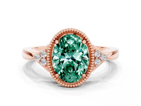 Rose gold Oval Cut Green Sapphire Halo Ring with Tapered Band and Four-Prong Setting