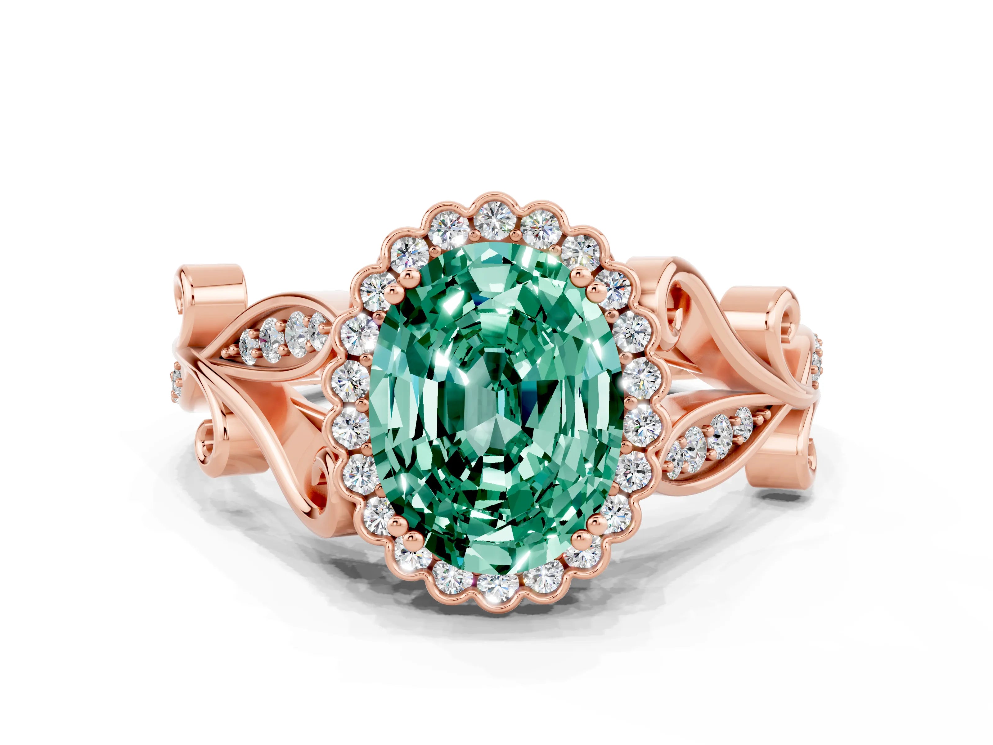 Rose gold Oval Cut Green Sapphire Halo Ring with Vintage Split Shank and Four-Prong Setting