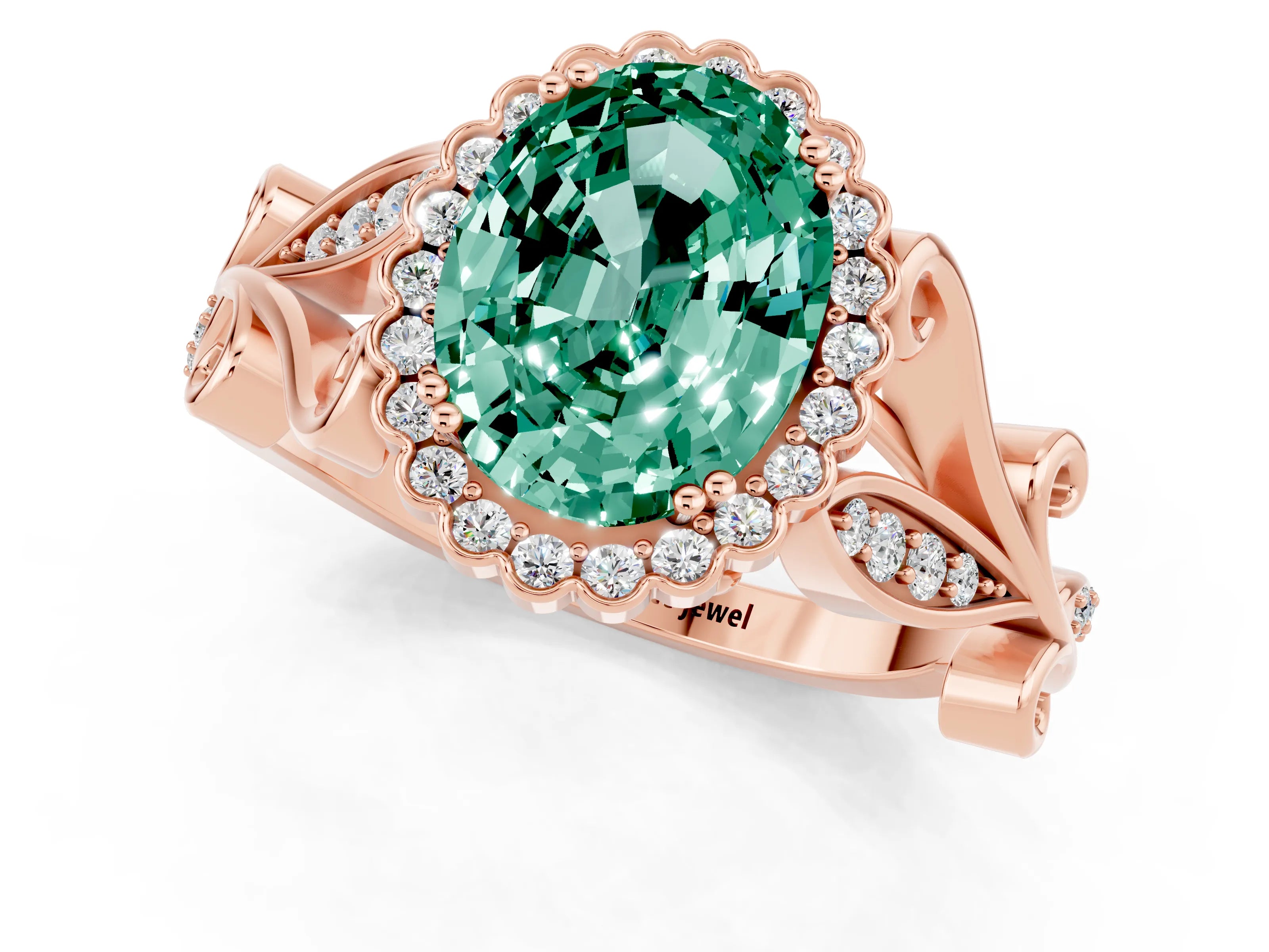 Rose gold Oval Cut Green Sapphire Halo Ring with Vintage Split Shank and Four-Prong Setting_1