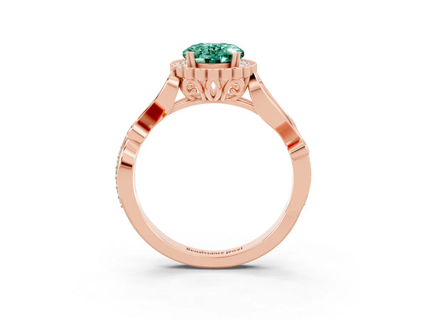 Rose gold Oval Cut Green Sapphire Halo Ring with Vintage Split Shank and Four-Prong Setting