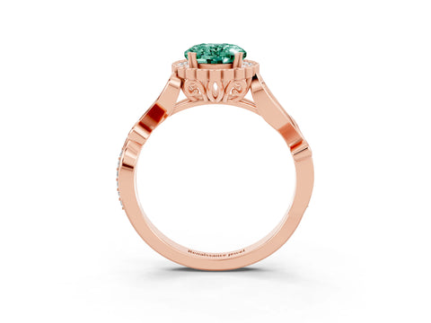 Rose gold Oval Cut Green Sapphire Halo Ring with Vintage Split Shank and Four-Prong Setting_3