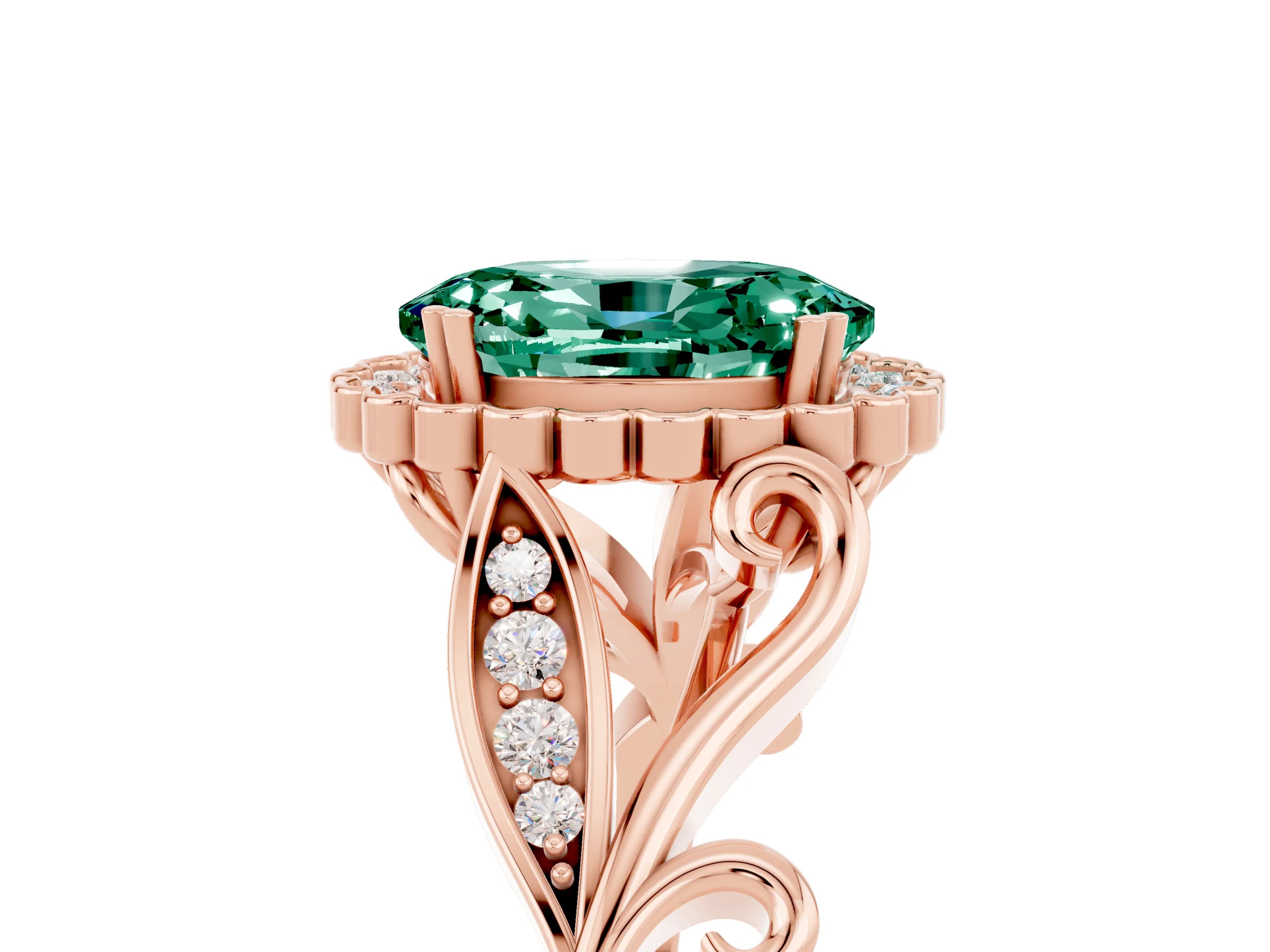 Rose gold Oval Cut Green Sapphire Halo Ring with Vintage Split Shank and Four-Prong Setting_5