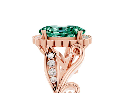 Rose gold Oval Cut Green Sapphire Halo Ring with Vintage Split Shank and Four-Prong Setting_5