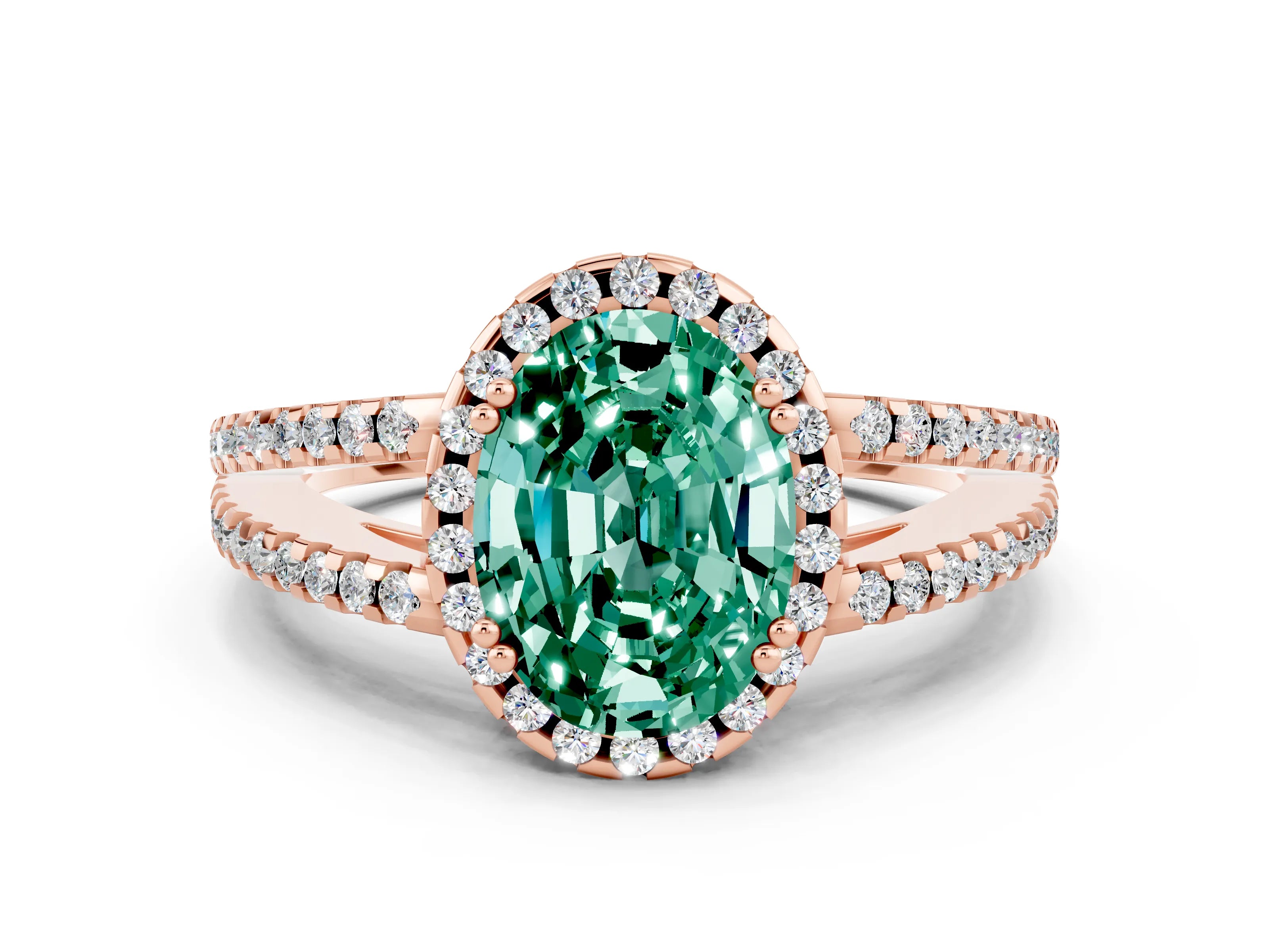 Rose gold Oval Cut Green Sapphire Halo Split Shank Engagement Ring_12