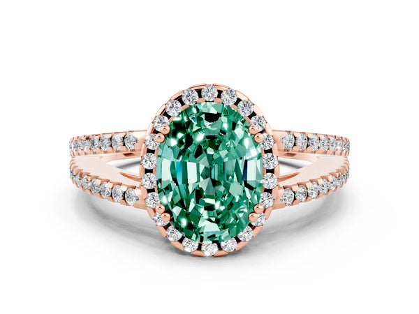 Rose gold Oval Cut Green Sapphire Halo Split Shank Engagement Ring