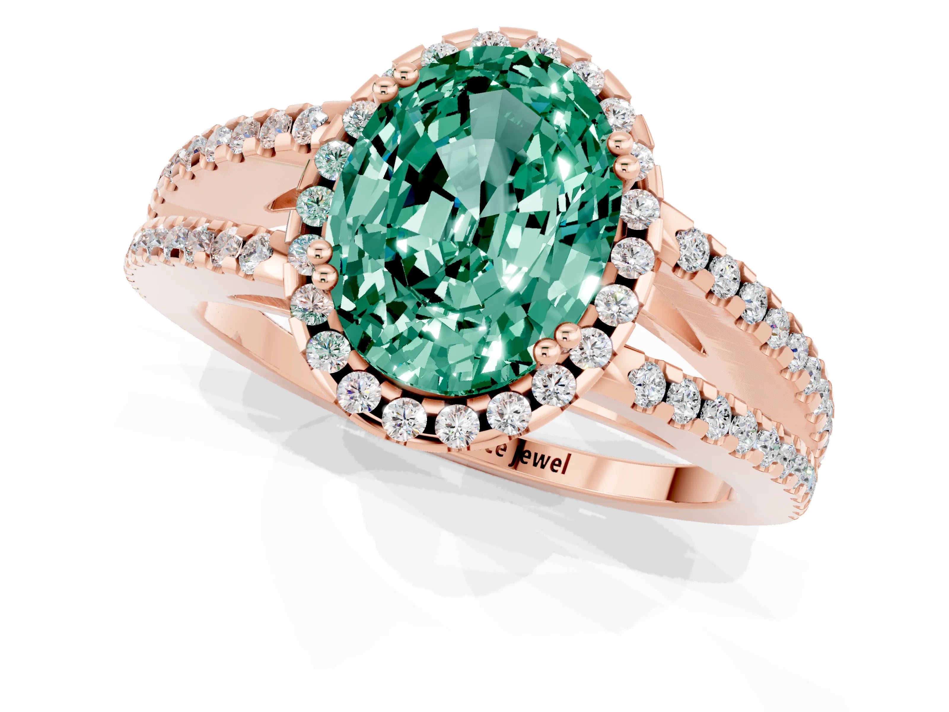 Rose gold Oval Cut Green Sapphire Halo Split Shank Engagement Ring_13